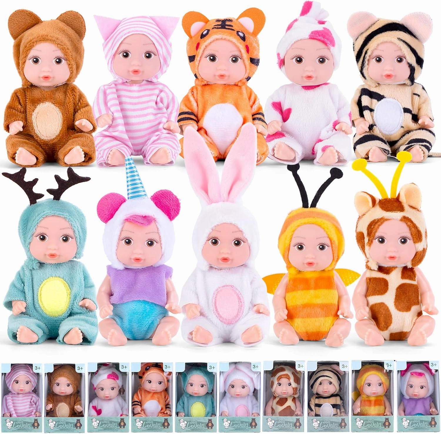 10PCS 4inch Mini Reborn Baby Dolls Set with 10 Outfits - Realistic Open Eye Design Child-Safe Role Play Toys for Girls Boys, Christmas Birthday Easter Gift Sets