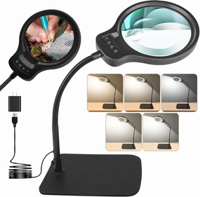 10X 30X Magnifying Glass with Light and Stand for Reading, Hands Free Magnifying Lamp for Close Work, 5 Color Modes, Large LED Magnifier Desk Lamp for Craft Sewing Jewelry Painting