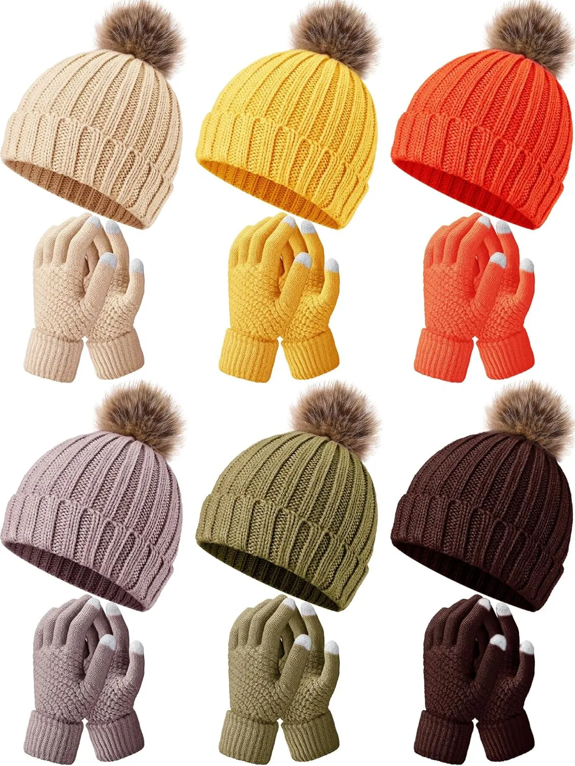 12 Pcs Knitted Beanie Hat Glove Set 6 Pcs Knit Skull Cap with Faux Fur Pom 6 Pairs Touchscreen Gloves, 6 Colors