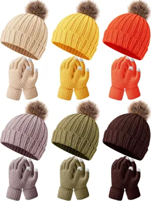 12 Pcs Knitted Beanie Hat Glove Set 6 Pcs Knit Skull Cap with Faux Fur Pom 6 Pairs Touchscreen Gloves, 6 Colors