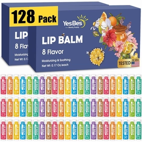 128 Pack Natural Lip Balm With Vitamin E and Coconut Oil - Moisturizing for Dry Cracked Lips, Stocking Stuffers - 8 Flavors