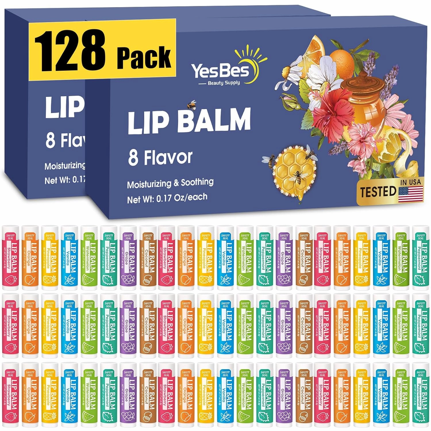 128 Pack Natural Lip Balm With Vitamin E and Coconut Oil - Moisturizing for Dry Cracked Lips, Stocking Stuffers - 8 Flavors