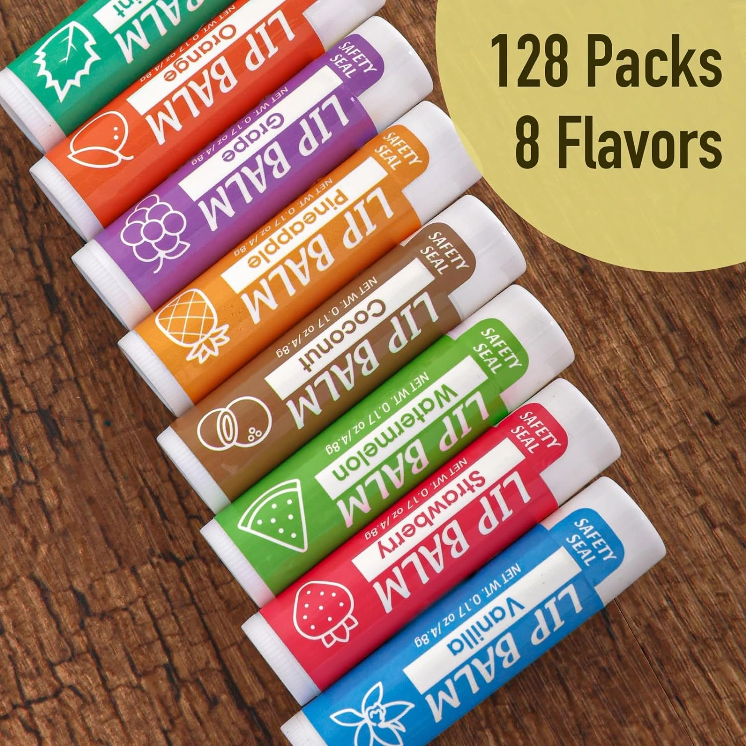 128 Pack Natural Lip Balm With Vitamin E and Coconut Oil - Moisturizing for Dry Cracked Lips, Stocking Stuffers - 8 Flavors