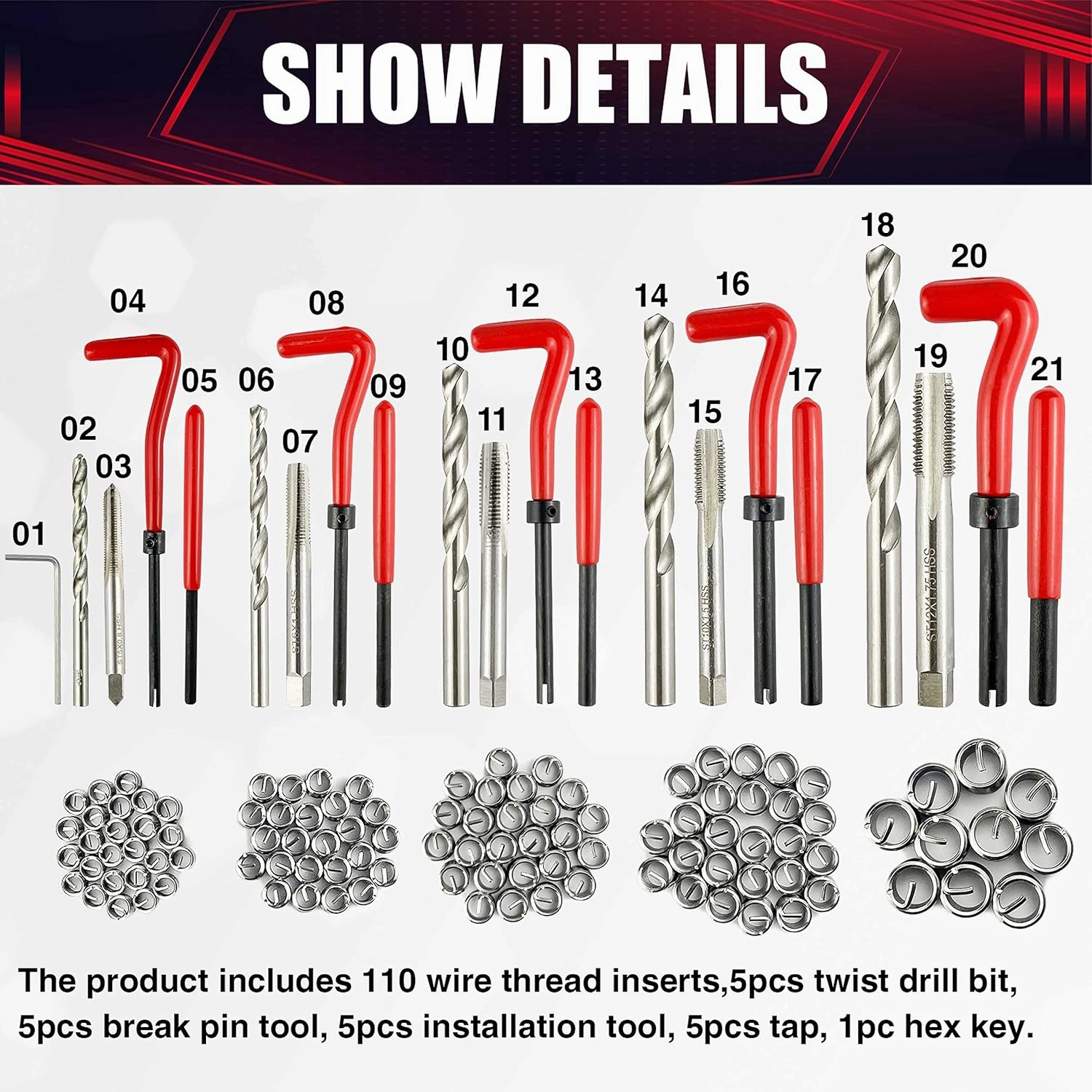 131PCS Helicoil Metric Thread Repair Tool Kit, HSS Drill Repair Kit, Suitable for M5 M6 M8 M10 M12 Internal Screw Hole