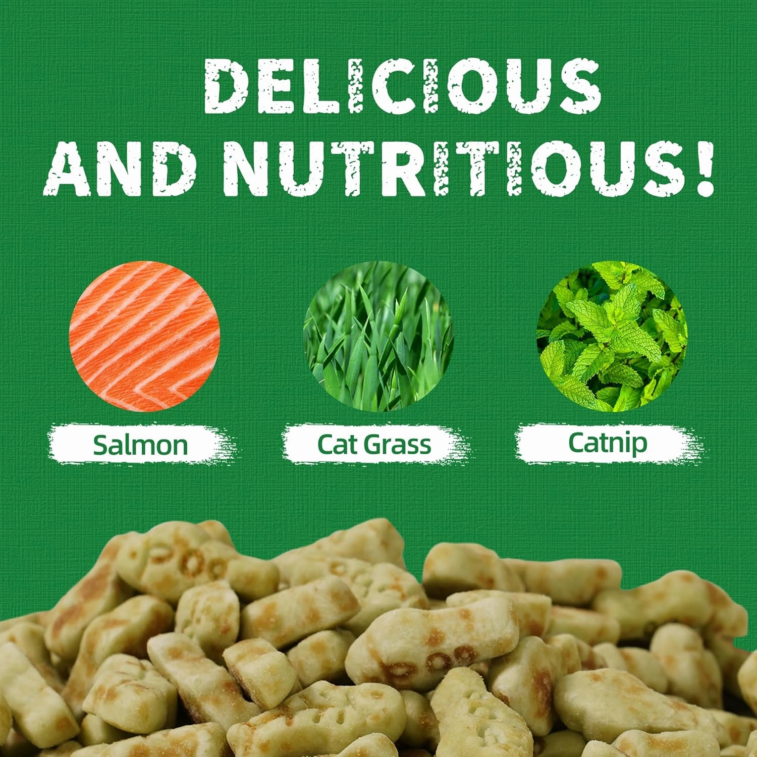 13.4 OZ Cat Grass Treats Natural Salmon Flavor Healthy Cat Snacks Training Biscuits Catnip for Cats Dental and Hairball Control Treats