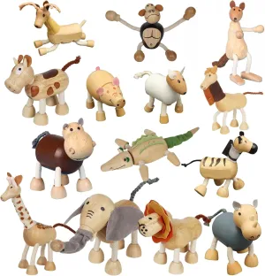 14 Pack Bendable Wooden Animal Figurines - Smooth Natural Wood Zoo Farm Jungle Safari Animals Figures - Preschool Learning & Education Toys for Toddlers & Kids
