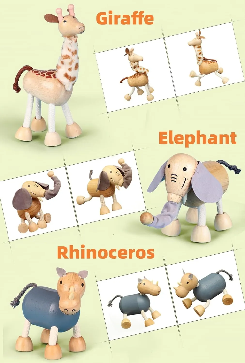 14 Pack Bendable Wooden Animal Figurines - Smooth Natural Wood Zoo Farm Jungle Safari Animals Figures - Preschool Learning & Education Toys for Toddlers & Kids