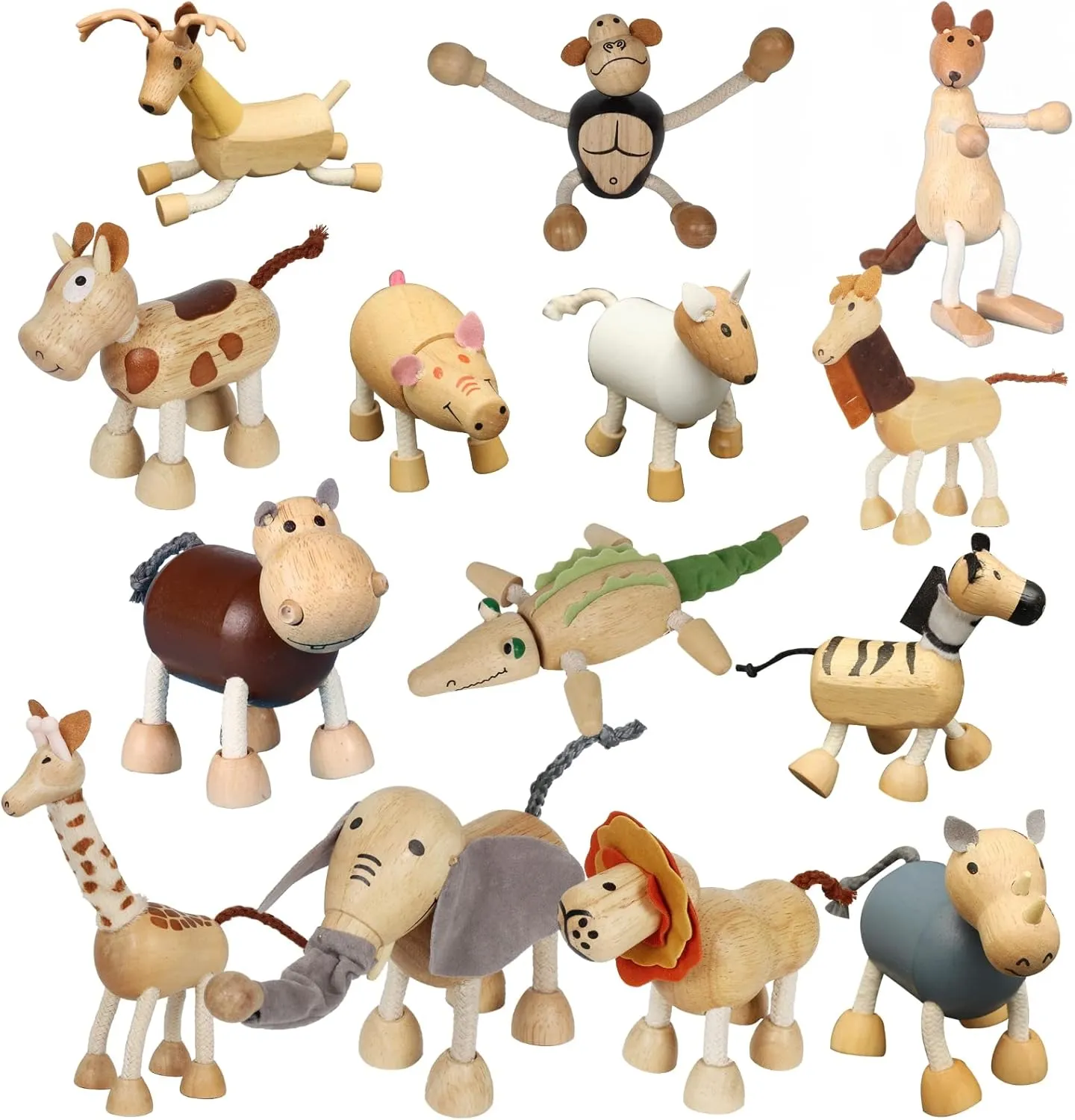 14 Pack Bendable Wooden Animal Figurines - Smooth Natural Wood Zoo Farm Jungle Safari Animals Figures - Preschool Learning & Education Toys for Toddlers & Kids