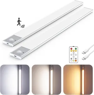 16" Ultra-Thin Under Cabinet Lighting Wireless, Aluminum Alloy Under Counter Lights for Kitchen, 3-Color-Temps Magnetic Closet Lights, Rechargeable Motion Sensor Light Indoor (2Pack, Silver)