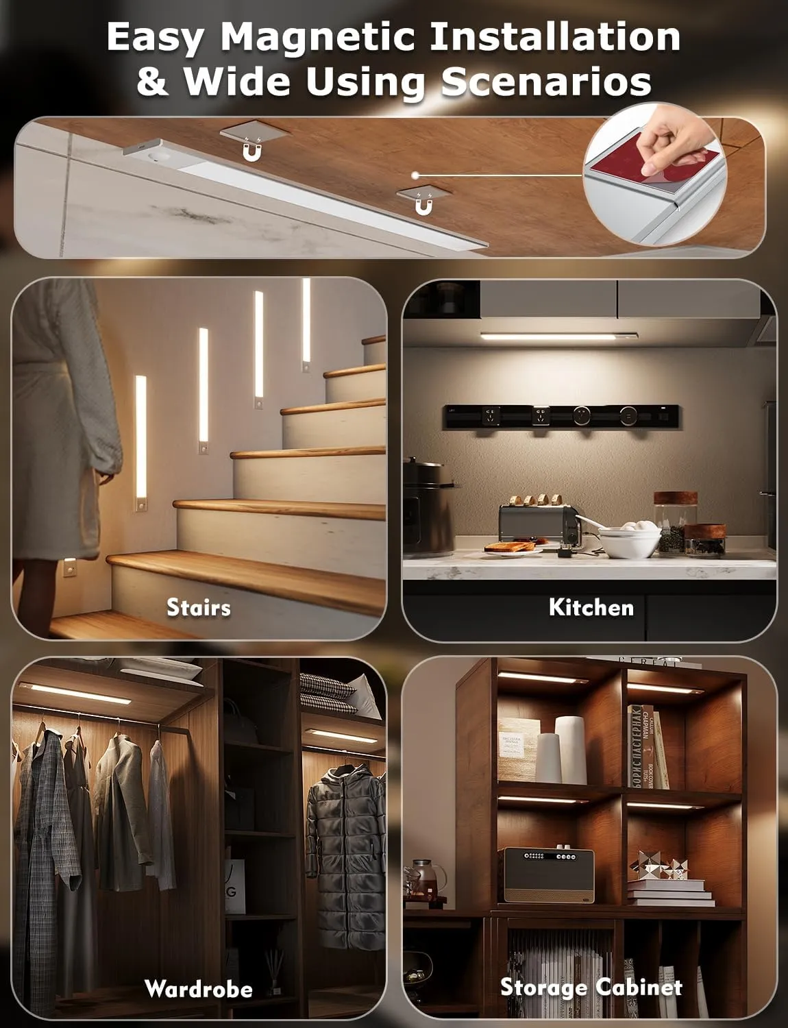 16" Ultra-Thin Under Cabinet Lighting Wireless, Aluminum Alloy Under Counter Lights for Kitchen, 3-Color-Temps Magnetic Closet Lights, Rechargeable Motion Sensor Light Indoor (2Pack, Silver)