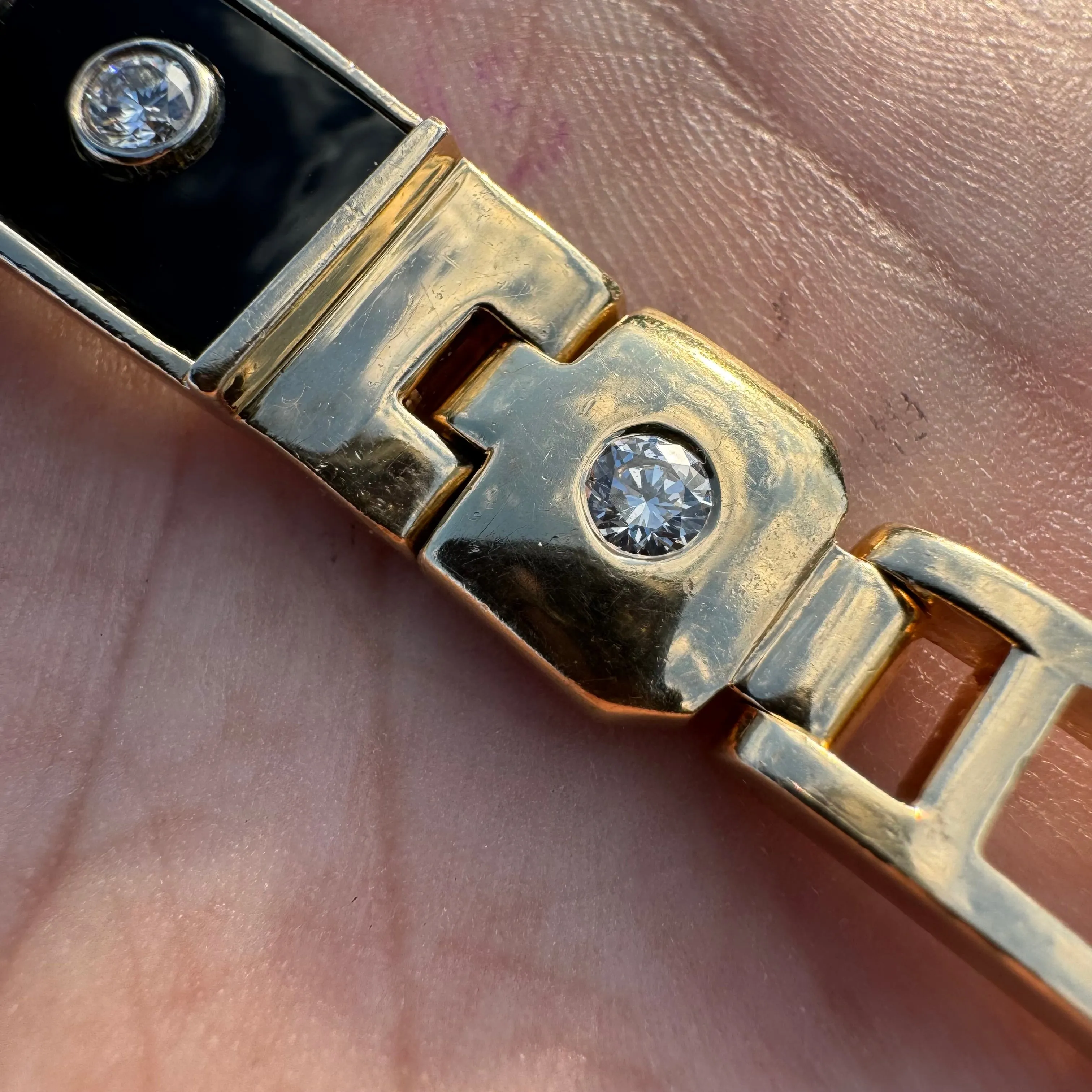 1980’s Solid 14k Yellow Gold 1.0ctw Natural Diamond Black Onyx Heavyweight Bracelet (7.5”)