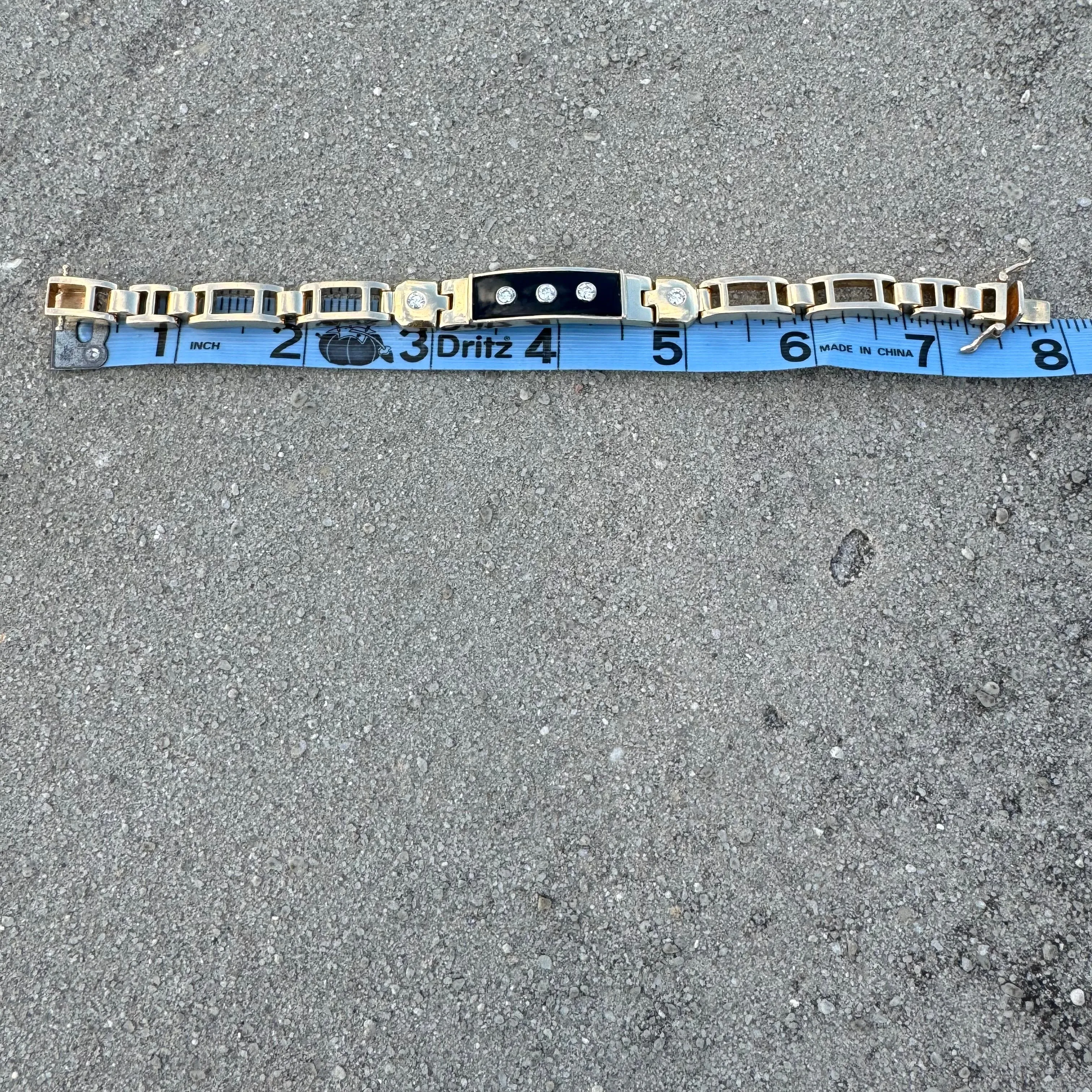 1980’s Solid 14k Yellow Gold 1.0ctw Natural Diamond Black Onyx Heavyweight Bracelet (7.5”)