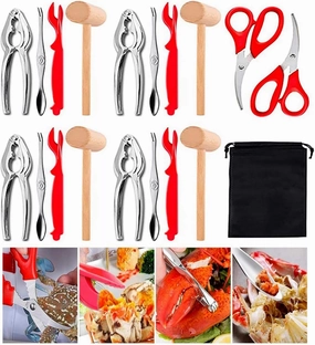 19-piece Seafood Tools Set with Storage Bag, Crab Crackers and Tools Set, Include 4 lobster crab mallets, 4 crab crackers, 4 Lobster Shellers, 4 crab leg forks/picks, 2 Seafood Scissors
