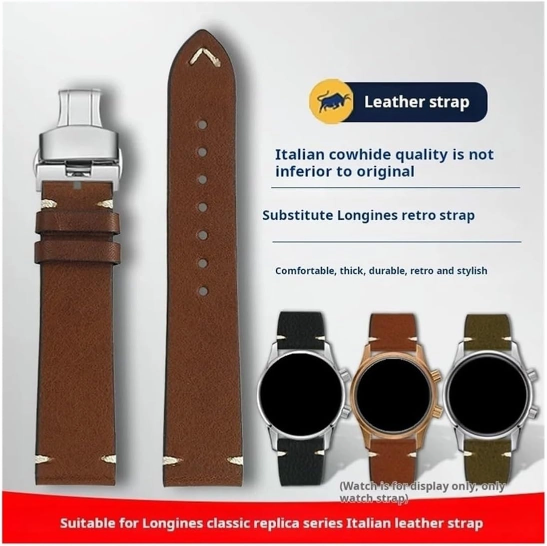 19mm 20mm 22mm Men Cowhide Genuine Leather Watchband Fit for Longines L2 L3 L4 Strap Master Classic Retro