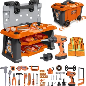 2 in 1 Kids Tool Bench-78 PCS Toddler Tool Bench with Tool Box and Electronic Toy Drill, Pretend Play Construction Toy Set for Kids Girls Boys Ages 3 4 5 6 7 Years Old Dress-up Party