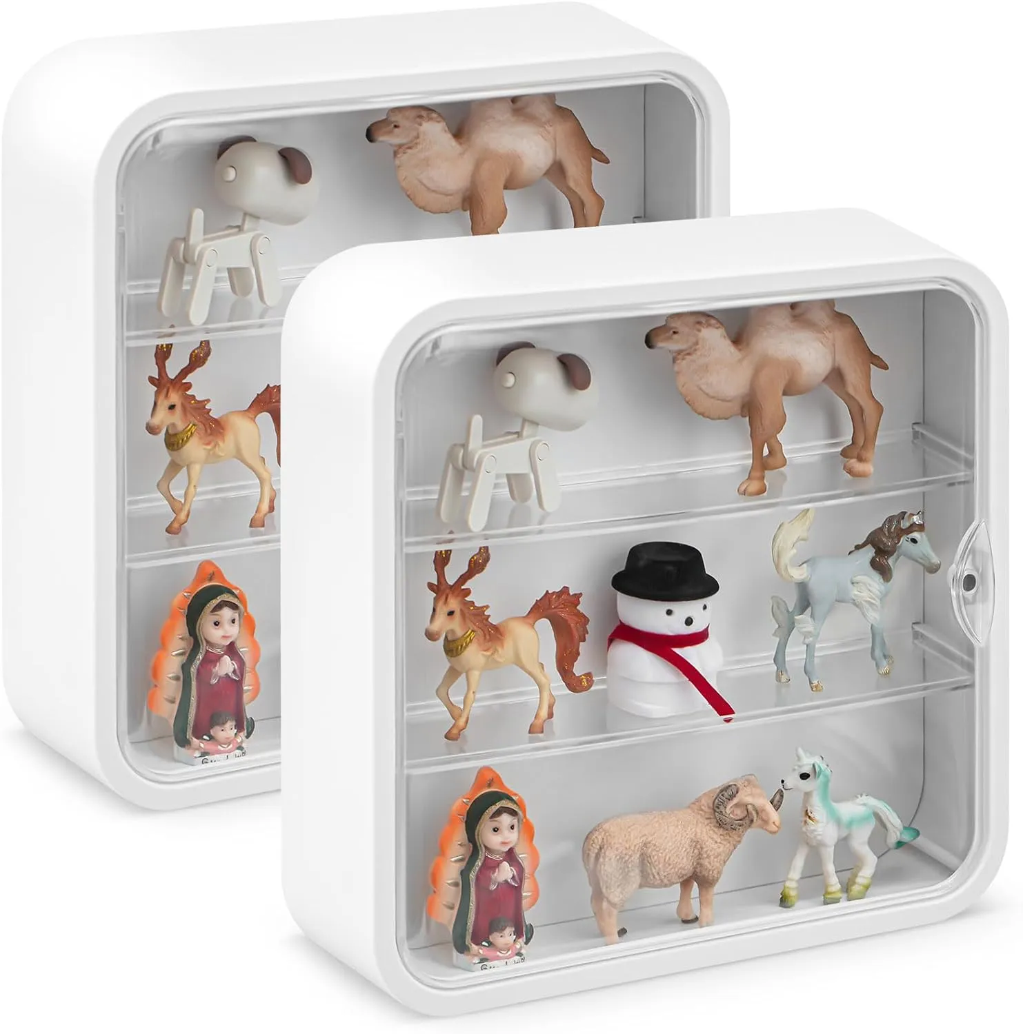 2 Pcs Display Case for Figures 3 Tiers Doll Storage Box Wall Mounted Clear Box Dust Proof Display Cabinet Organizer with Magnetic Door for Mini Toys Action Figures Collectibles, White