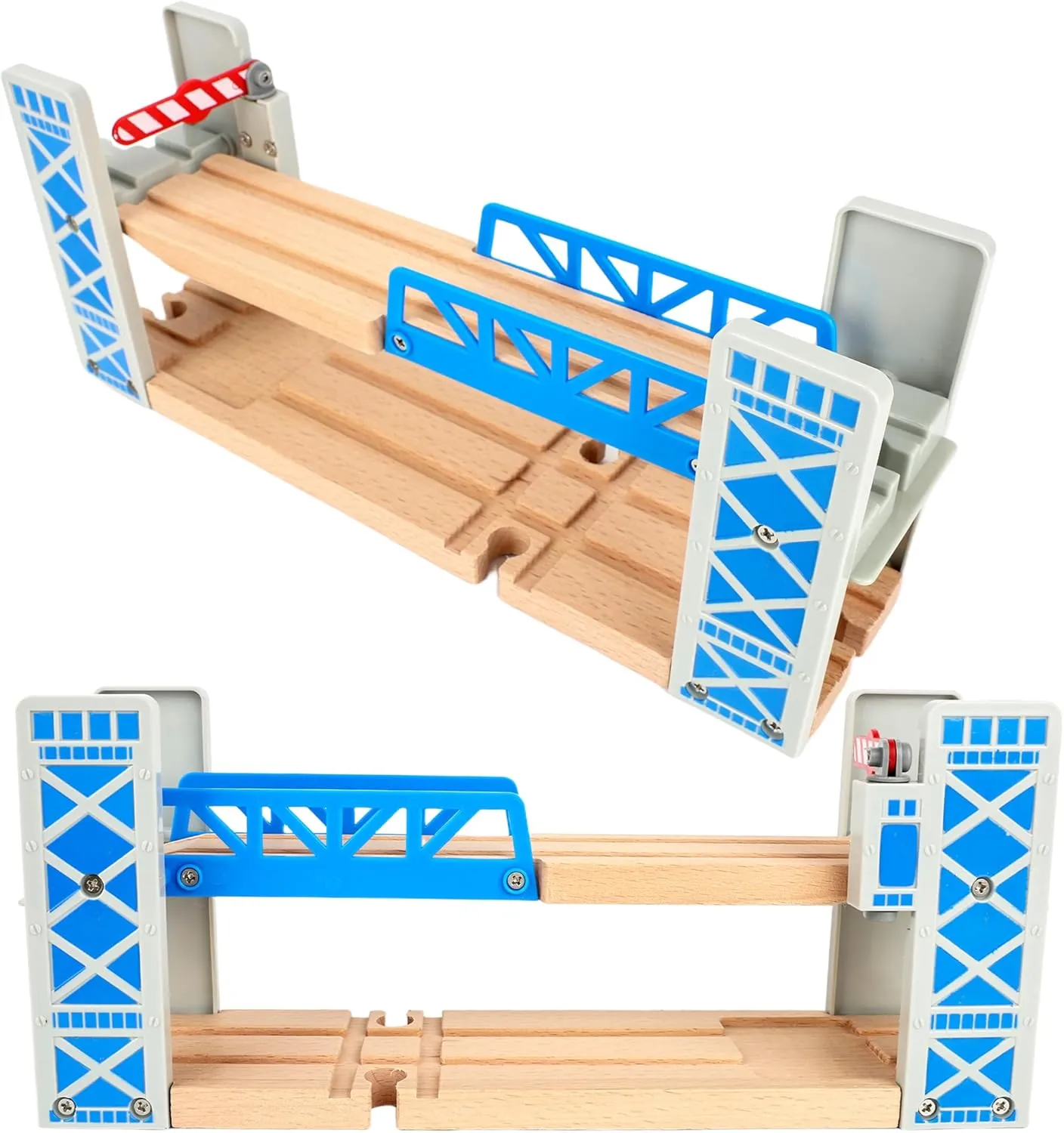 2 Pcs Wooden Train Track Set Accessories Lifting 2-Level Wood Railway Overpass Bridge for Wooden Railway Tracks System