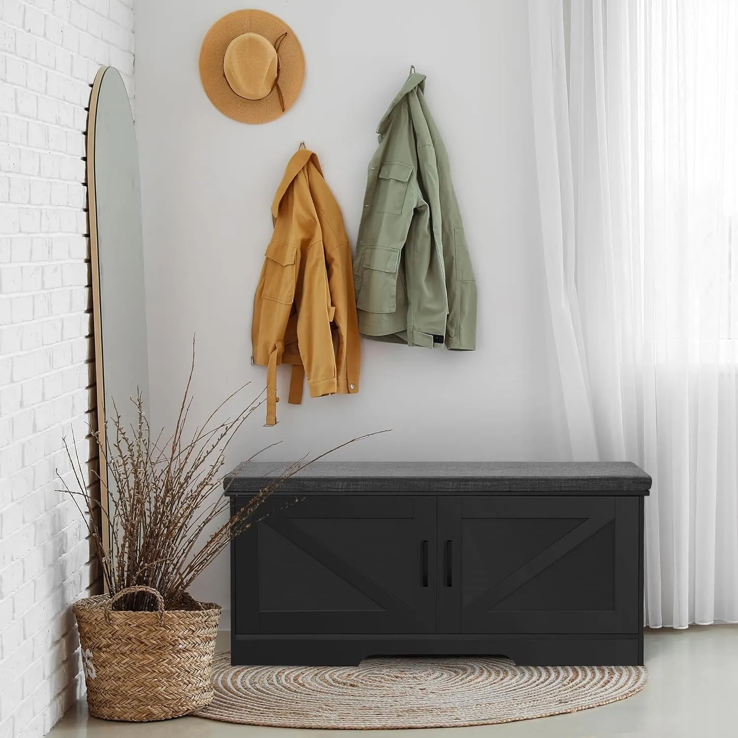 2-Tier Storage Bench, Shoe Bench with Padded Seat Cushion, Entryway Bench with 2 Barn Doors, Adjustable Shelf, 13.8" D x 39.4" W x 17.7" H, for Entryway, Living Room, Bedroom, Black