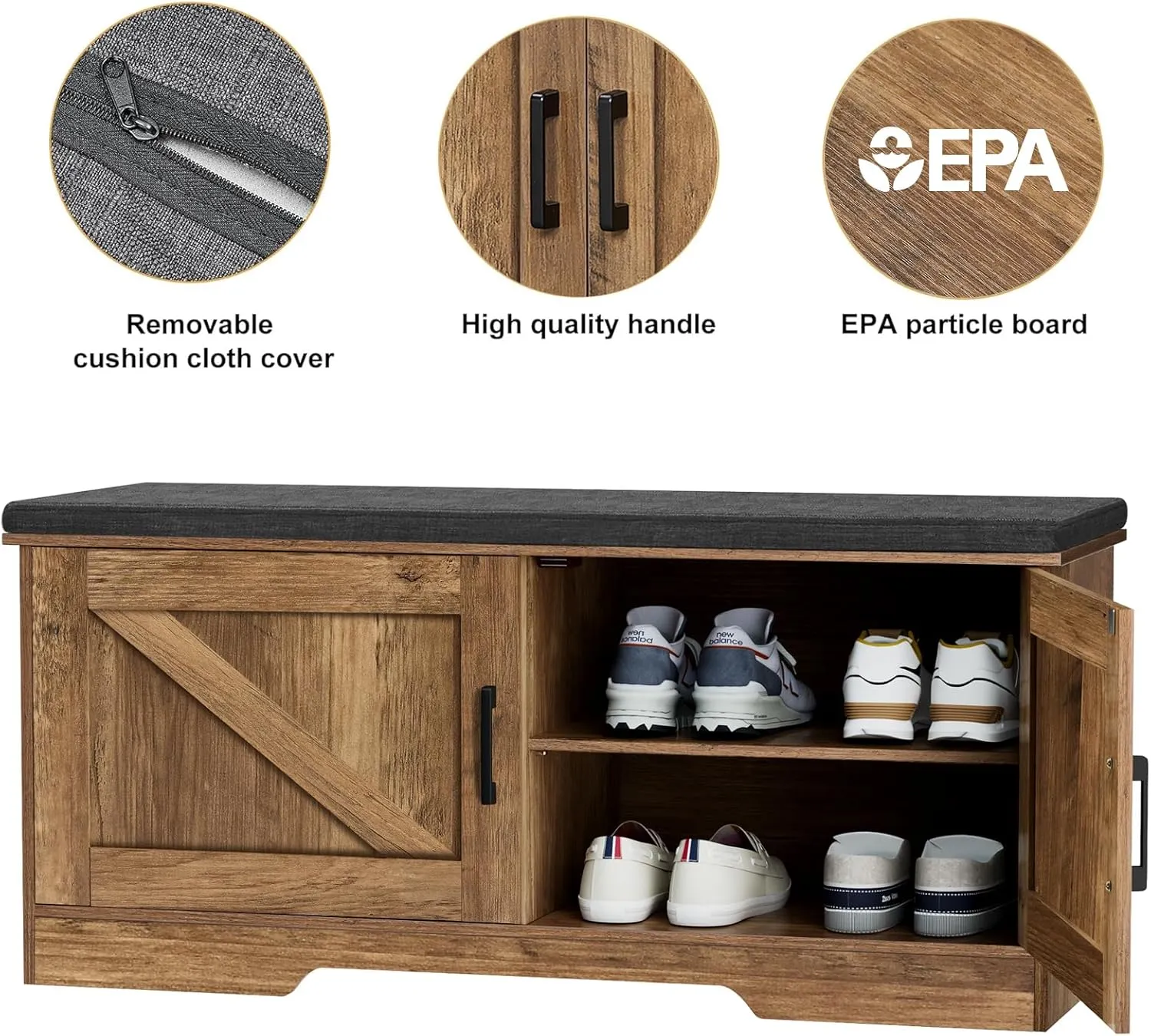 2-Tier Storage Bench, Shoe Bench with Padded Seat Cushion, Entryway Bench with 2 Barn Doors, Adjustable Shelf, 13.8" D x 39.4" W x 17.7" H, for Entryway, Living Room, Bedroom, Rustic Walnut