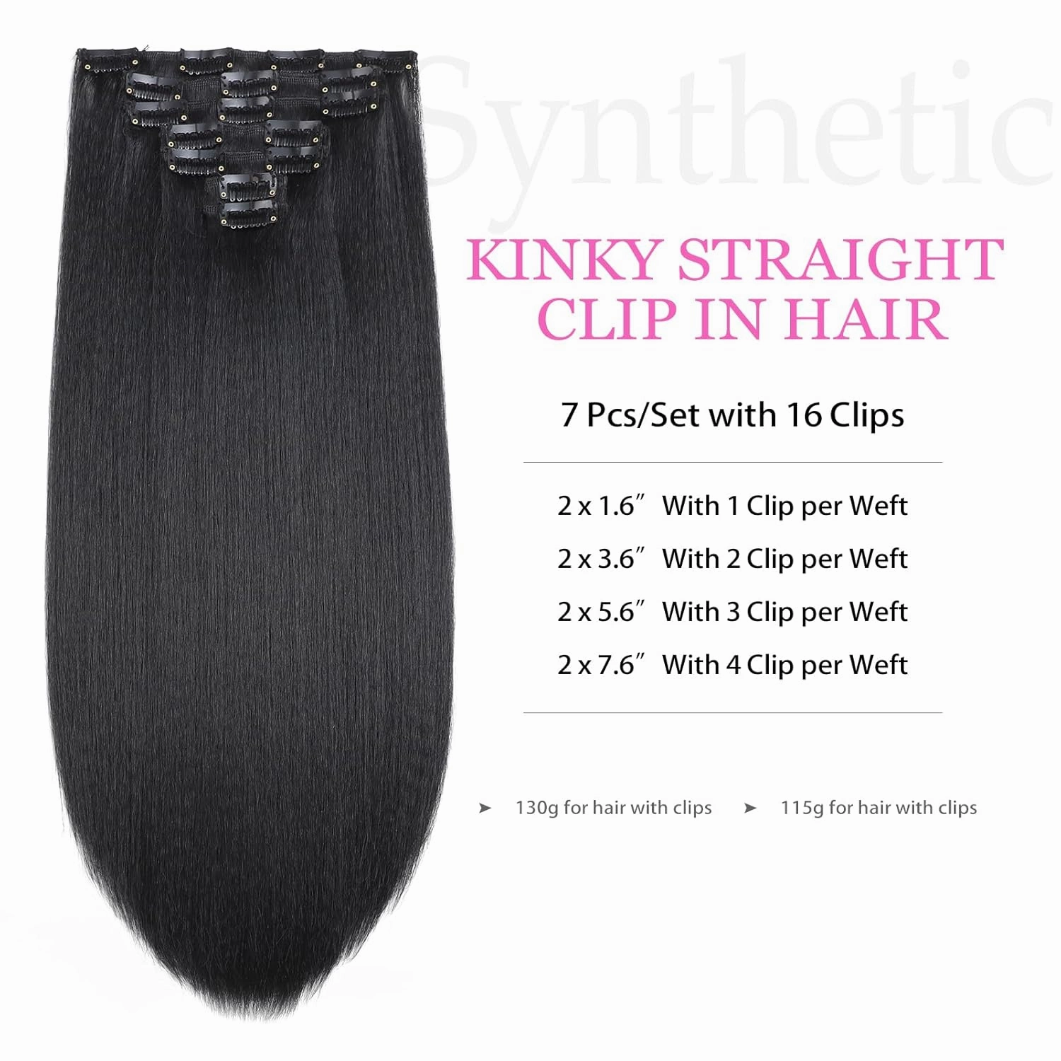 20 Inch Kinky Straight Clip in Hair Extensions Natural Black 7 Pcs Seamless Yaki Straight Clip in Hair for Black Women 120G Full Head Yaki Straight Synthetic Hair