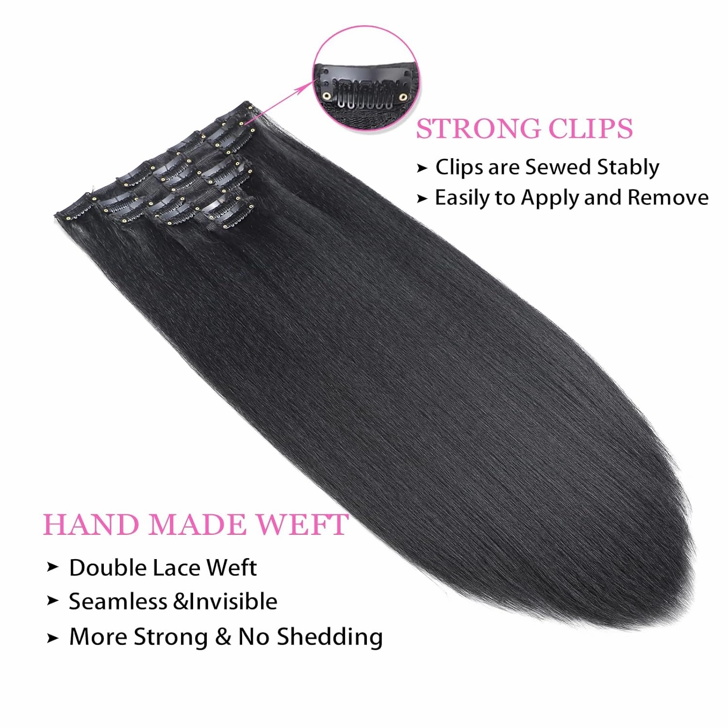 20 Inch Kinky Straight Clip in Hair Extensions Natural Black 7 Pcs Seamless Yaki Straight Clip in Hair for Black Women 120G Full Head Yaki Straight Synthetic Hair