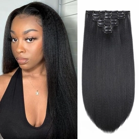 20 Inch Kinky Straight Clip in Hair Extensions Natural Black 7 Pcs Seamless Yaki Straight Clip in Hair for Black Women 120G Full Head Yaki Straight Synthetic Hair