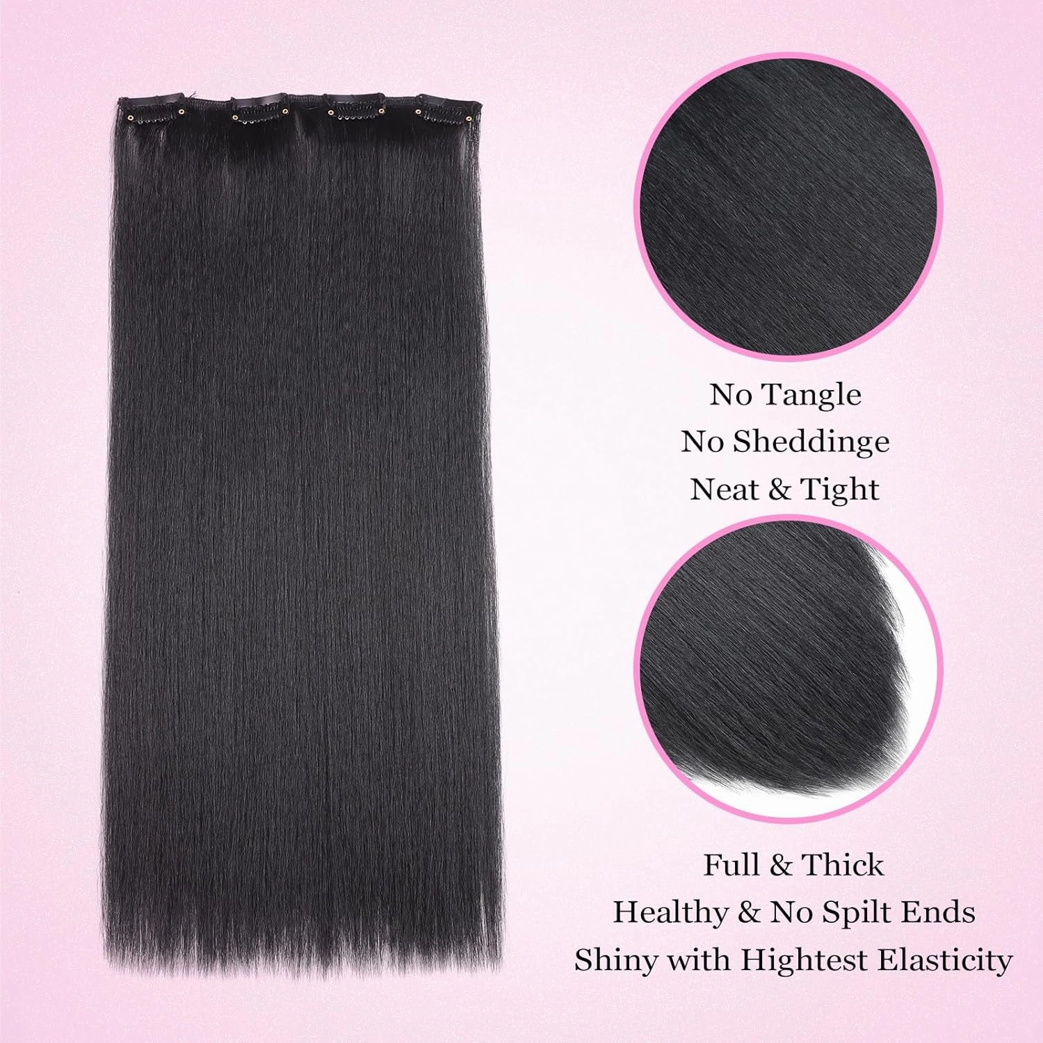 20 Inch Kinky Straight Clip in Hair Extensions Natural Black 7 Pcs Seamless Yaki Straight Clip in Hair for Black Women 120G Full Head Yaki Straight Synthetic Hair