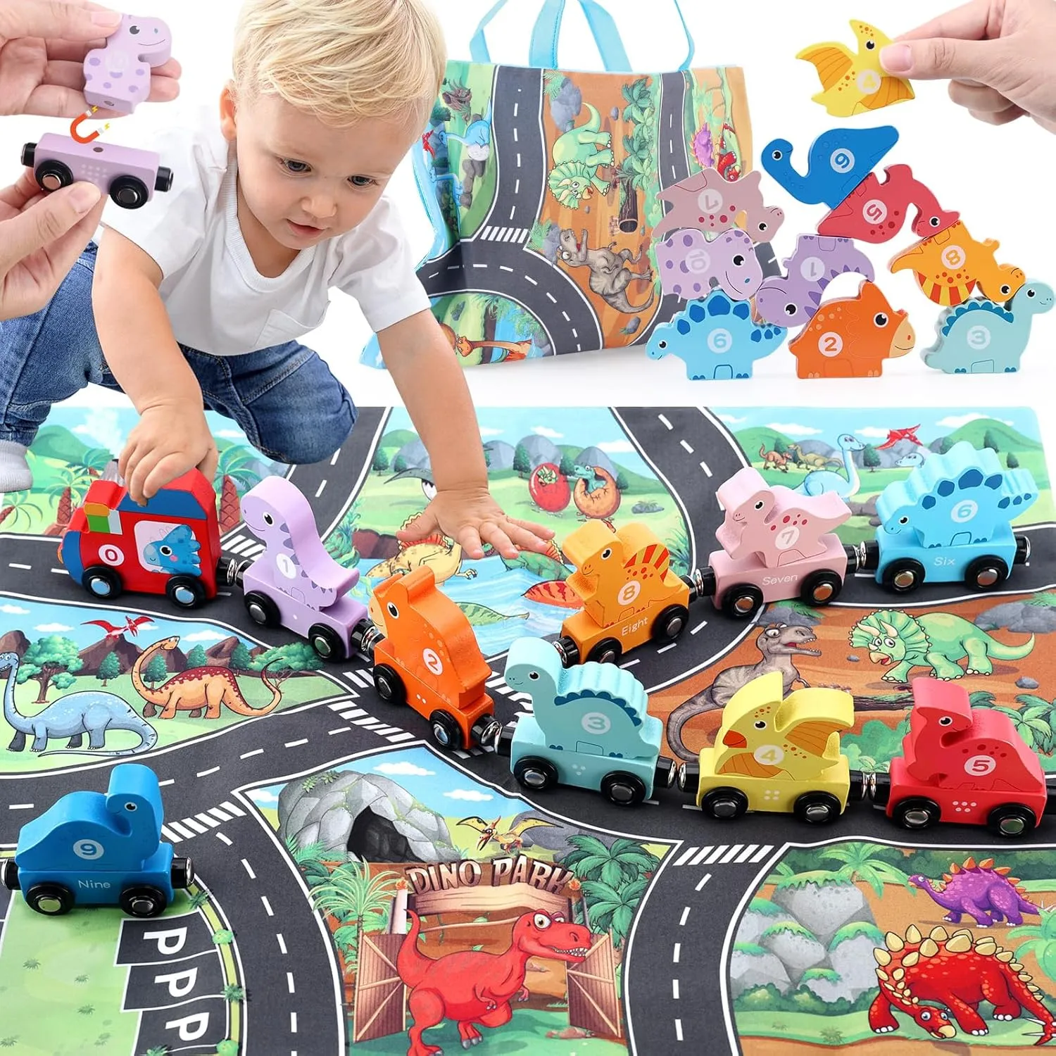 22PCS Magnetic Wooden Train Set, Dinosaur Toys with Playmat/Storage Bag, Montessori Educational & Preschool Learning Car Toys, Gift for Toddlers, Boys, Girls