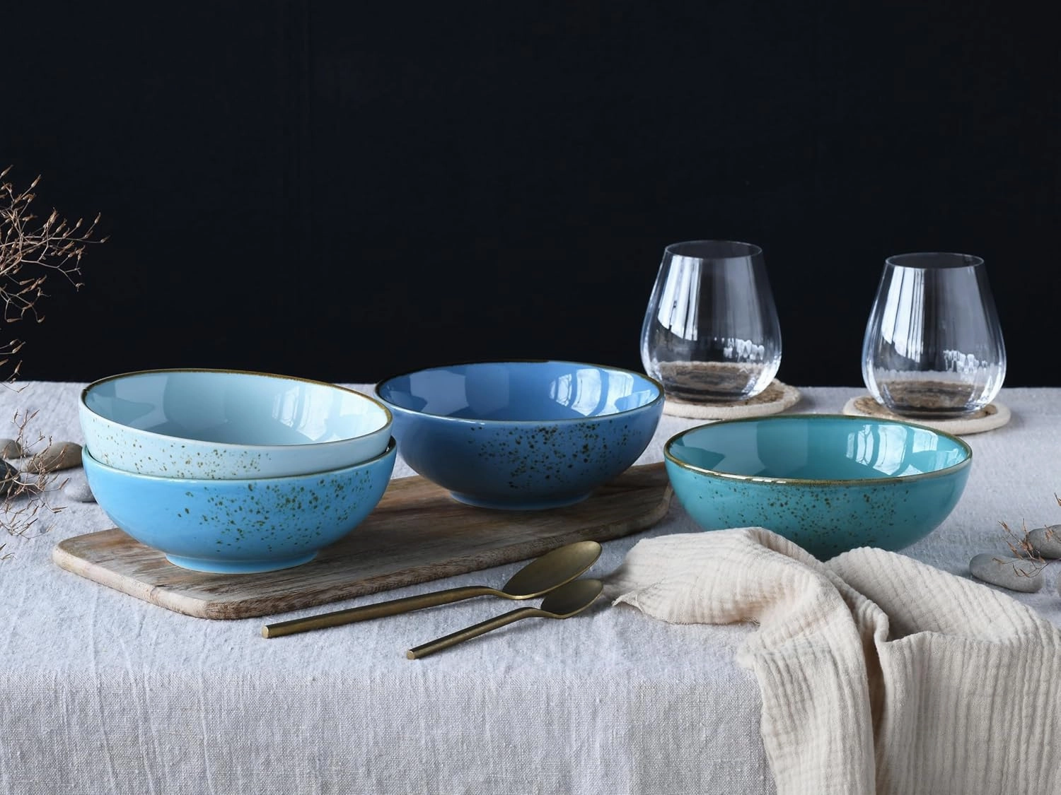 23430 Nature Collection Aqua 4-Piece Crockery Set, Cereal Bowl, Smoothibowl Made of Stoneware