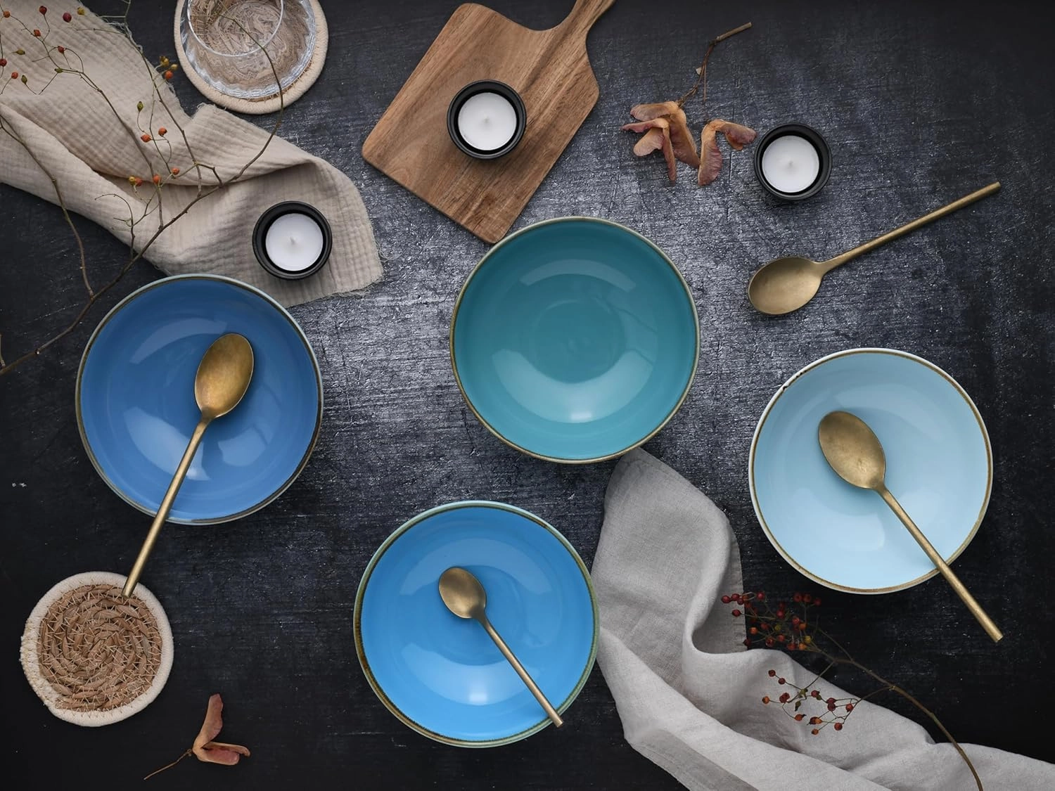 23430 Nature Collection Aqua 4-Piece Crockery Set, Cereal Bowl, Smoothibowl Made of Stoneware