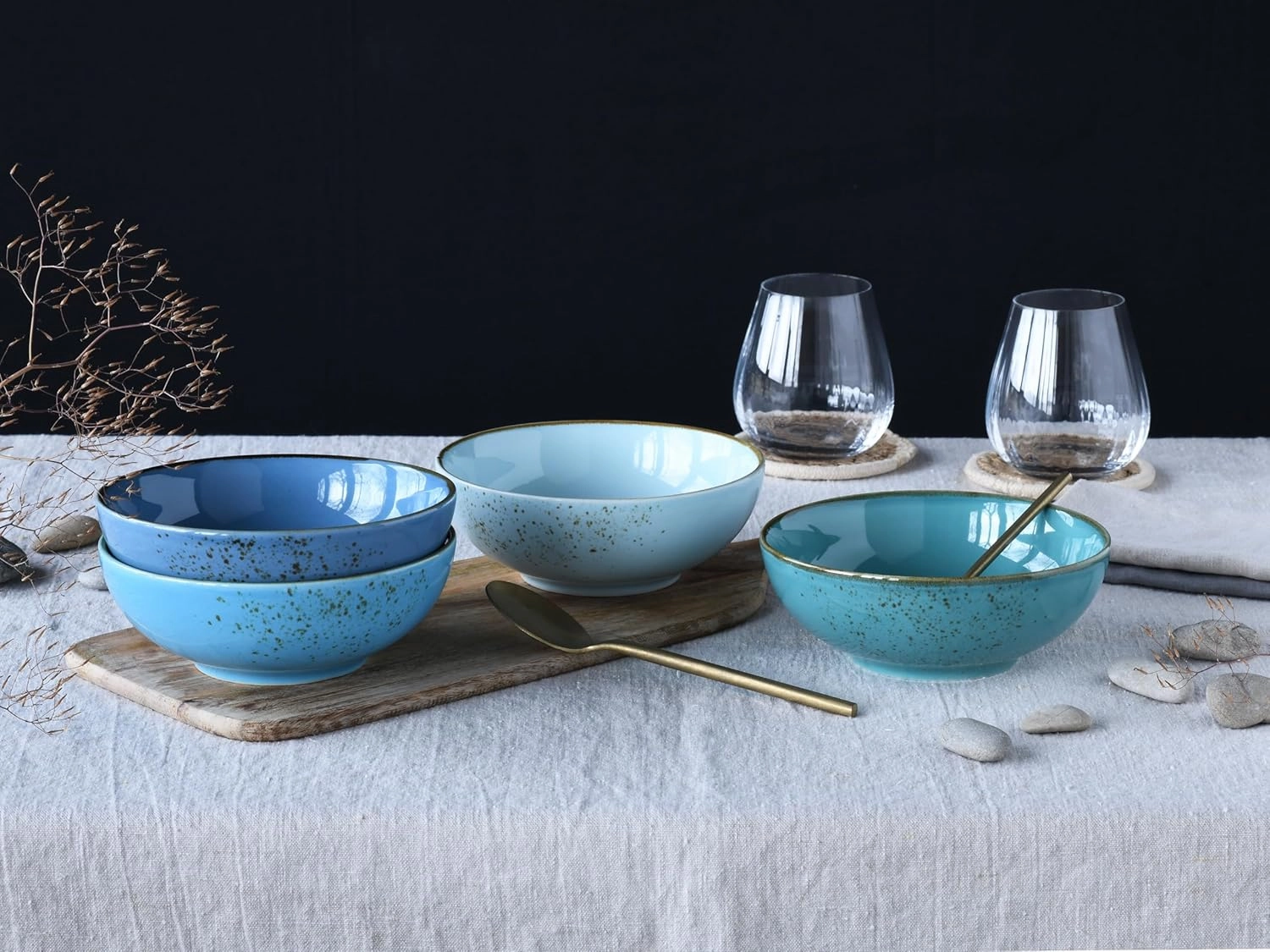 23430 Nature Collection Aqua 4-Piece Crockery Set, Cereal Bowl, Smoothibowl Made of Stoneware