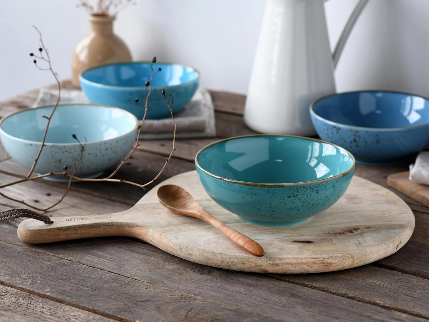 23430 Nature Collection Aqua 4-Piece Crockery Set, Cereal Bowl, Smoothibowl Made of Stoneware