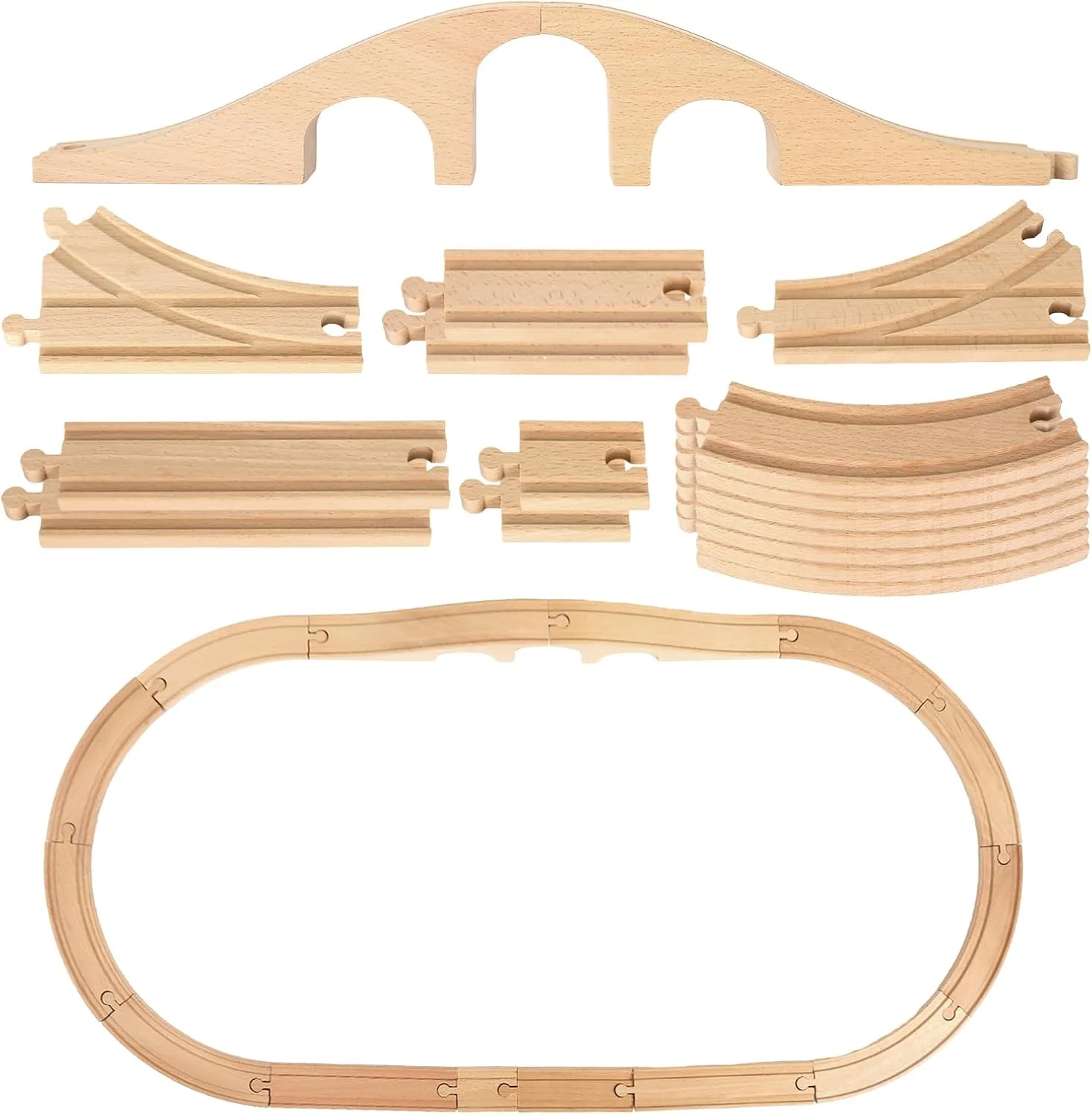 23Pcs Wood Train Track Expansion Set - Wooden Track Connectors, Adapters, Bridges & Straight Tracks for Most Major Toy Train Tracks