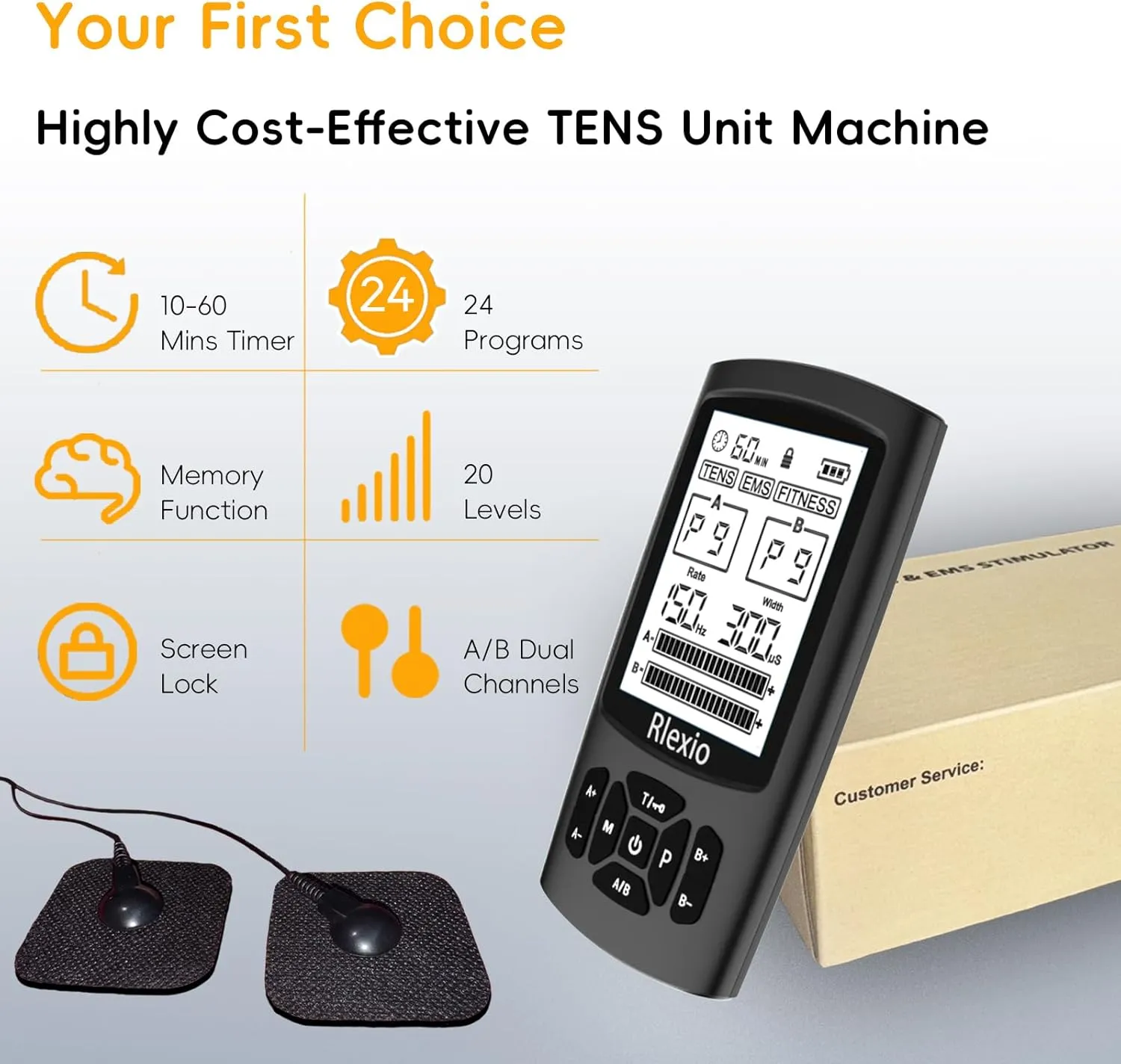 24 Modes TENS Unit Muscle Stimulator for Pain Relief, Rechargeable TENS Machine Massager with 10 Pads, Pulse Rate 2-150Hz, Width 80-300μs (Black)