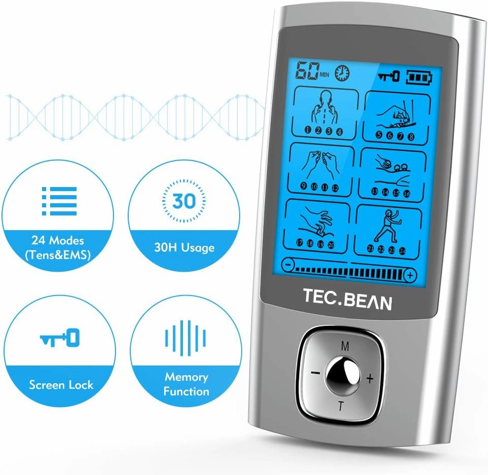 24 Modes Tens Unit Muscle Stimulator, Rechargeable Tens Machine with 8 Electrode Pads (American Gel), Electric Pulse Massager for Pain Relief Therapy（Silver