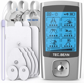 24 Modes Tens Unit Muscle Stimulator, Rechargeable Tens Machine with 8 Electrode Pads (American Gel), Electric Pulse Massager for Pain Relief Therapy（Silver