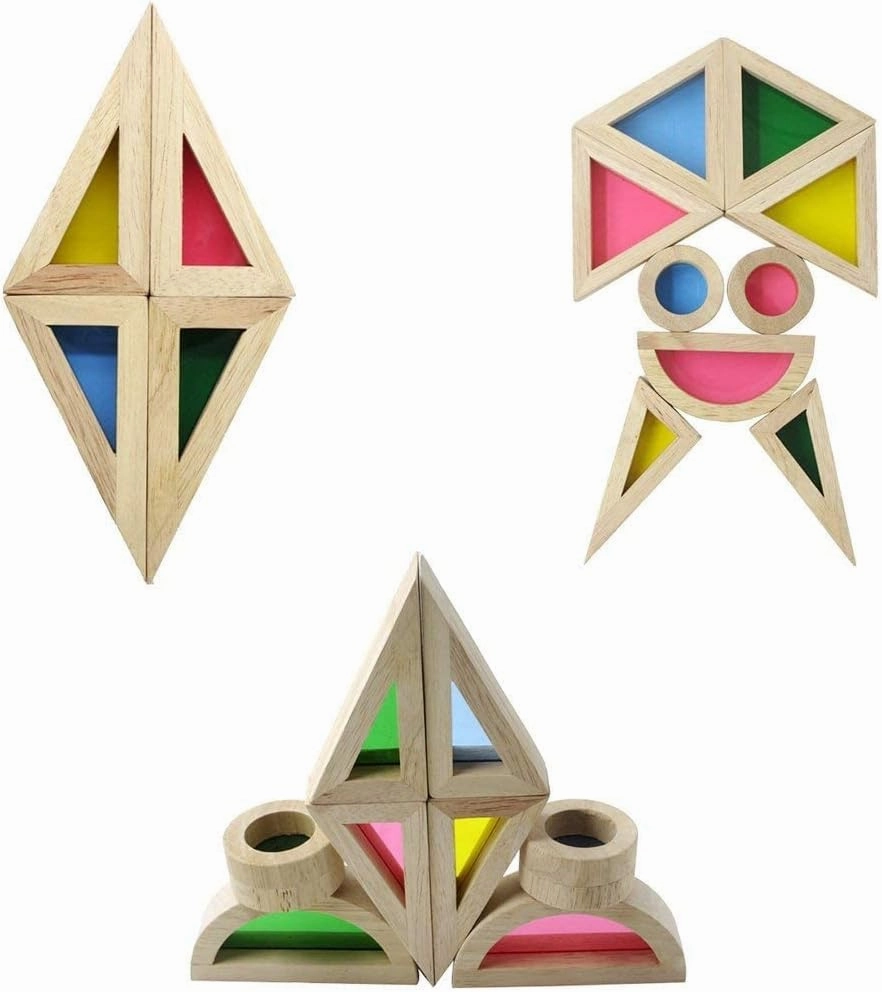 24-Piece Rainbow Stacker STEM Learning Toy Set: Natural Wood Building Blocks for Toddlers, Montessori Educational Construction Kit with Colorful Geometry Shapes – Interactive Preschool Gift for Kids Ages 3 
