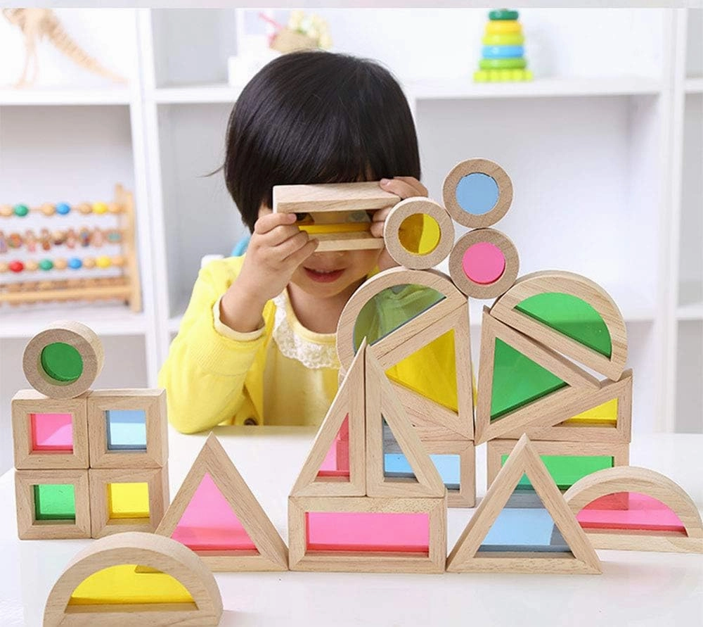 24-Piece Rainbow Stacker STEM Learning Toy Set: Natural Wood Building Blocks for Toddlers, Montessori Educational Construction Kit with Colorful Geometry Shapes – Interactive Preschool Gift for Kids Ages 3 