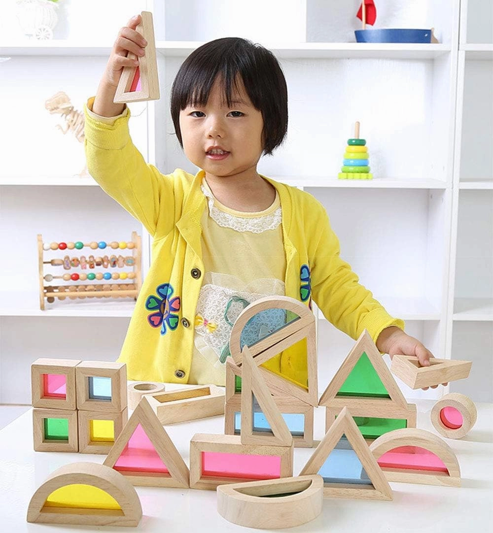 24-Piece Rainbow Stacker STEM Learning Toy Set: Natural Wood Building Blocks for Toddlers, Montessori Educational Construction Kit with Colorful Geometry Shapes – Interactive Preschool Gift for Kids Ages 3 