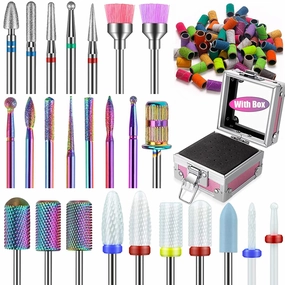 25Pcs Nail Drill Bits Set: 3/32 Tungsten Carbide Ceramic Diamond Cuticle Safety Professional Drill Bits Nail Tech with Pink Holder Case & 50Pcs Sanding Bands for acrylic gel Remover Manicure Pedicure