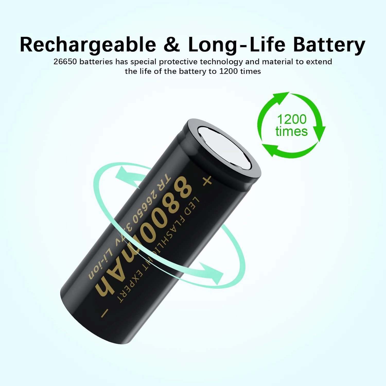 26650 Rechargeable Battery Set, Including 2pcs 3.7v 8800mAh Flat Top Batteries and 1 Charger for Flashlights Headlamps