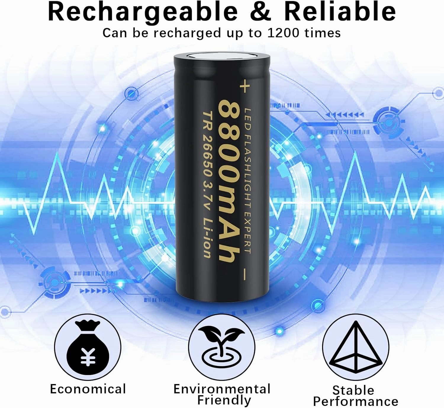 26650 Rechargeable Battery Set, Including 2pcs 3.7v 8800mAh Flat Top Batteries and 1 Charger for Flashlights Headlamps
