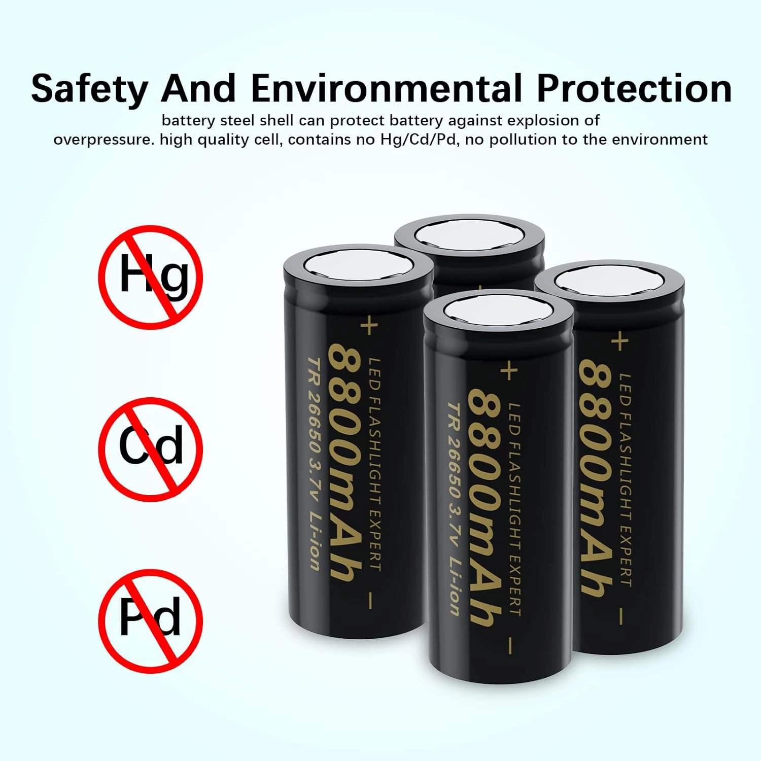 26650 Rechargeable Battery Set, Including 2pcs 3.7v 8800mAh Flat Top Batteries and 1 Charger for Flashlights Headlamps
