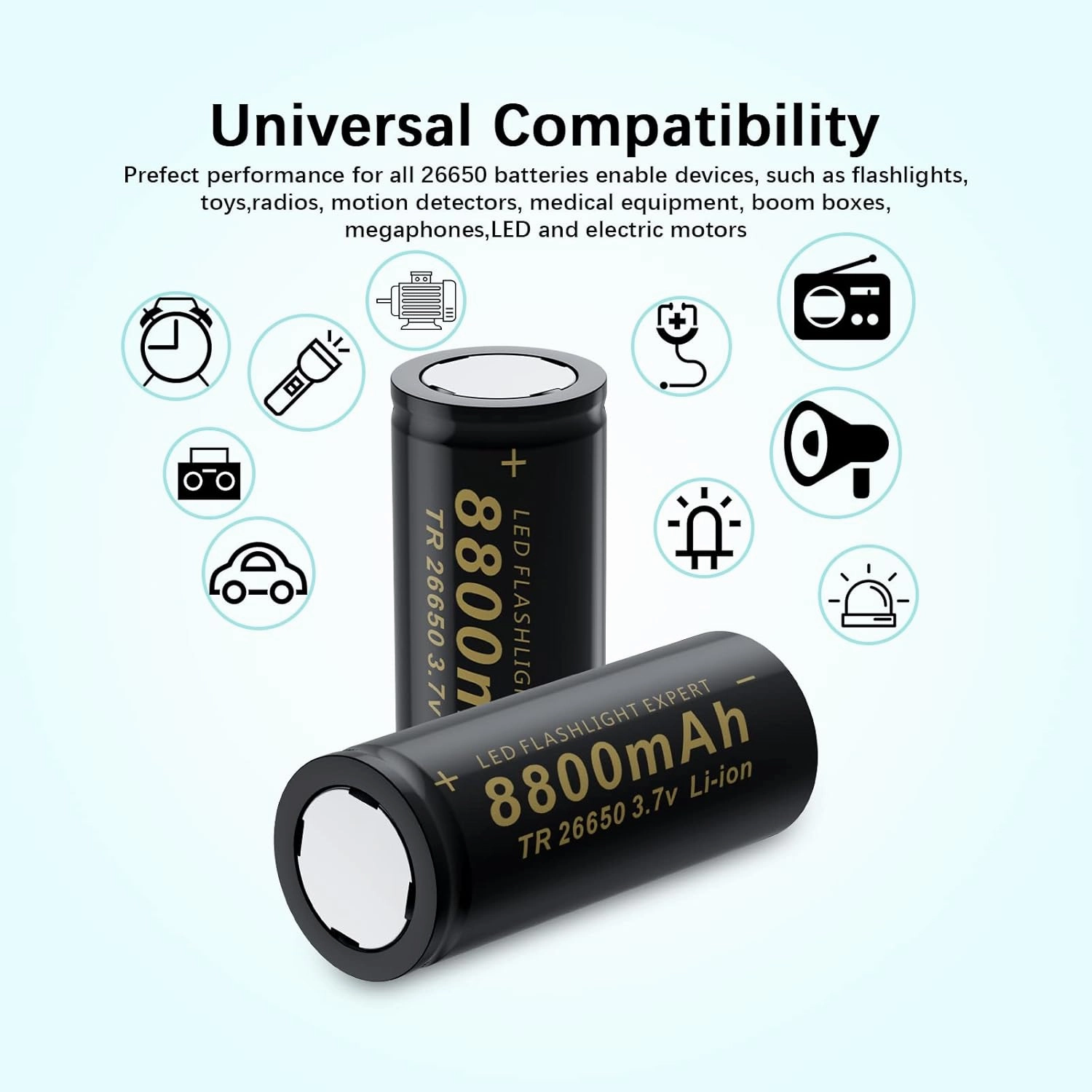 26650 Rechargeable Battery Set, Including 2pcs 3.7v 8800mAh Flat Top Batteries and 1 Charger for Flashlights Headlamps