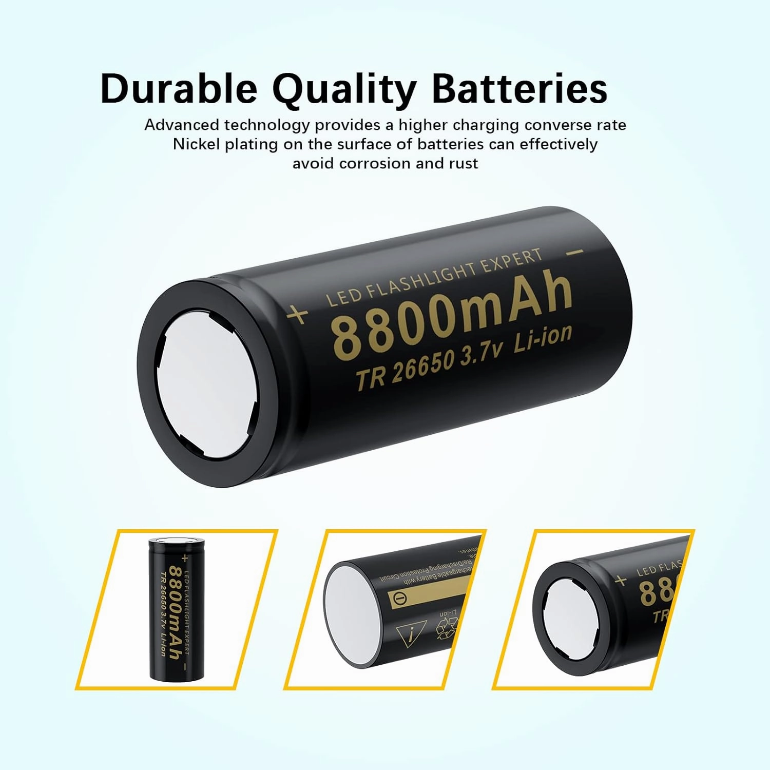 26650 Rechargeable Battery Set, Including 2pcs 3.7v 8800mAh Flat Top Batteries and 1 Charger for Flashlights Headlamps