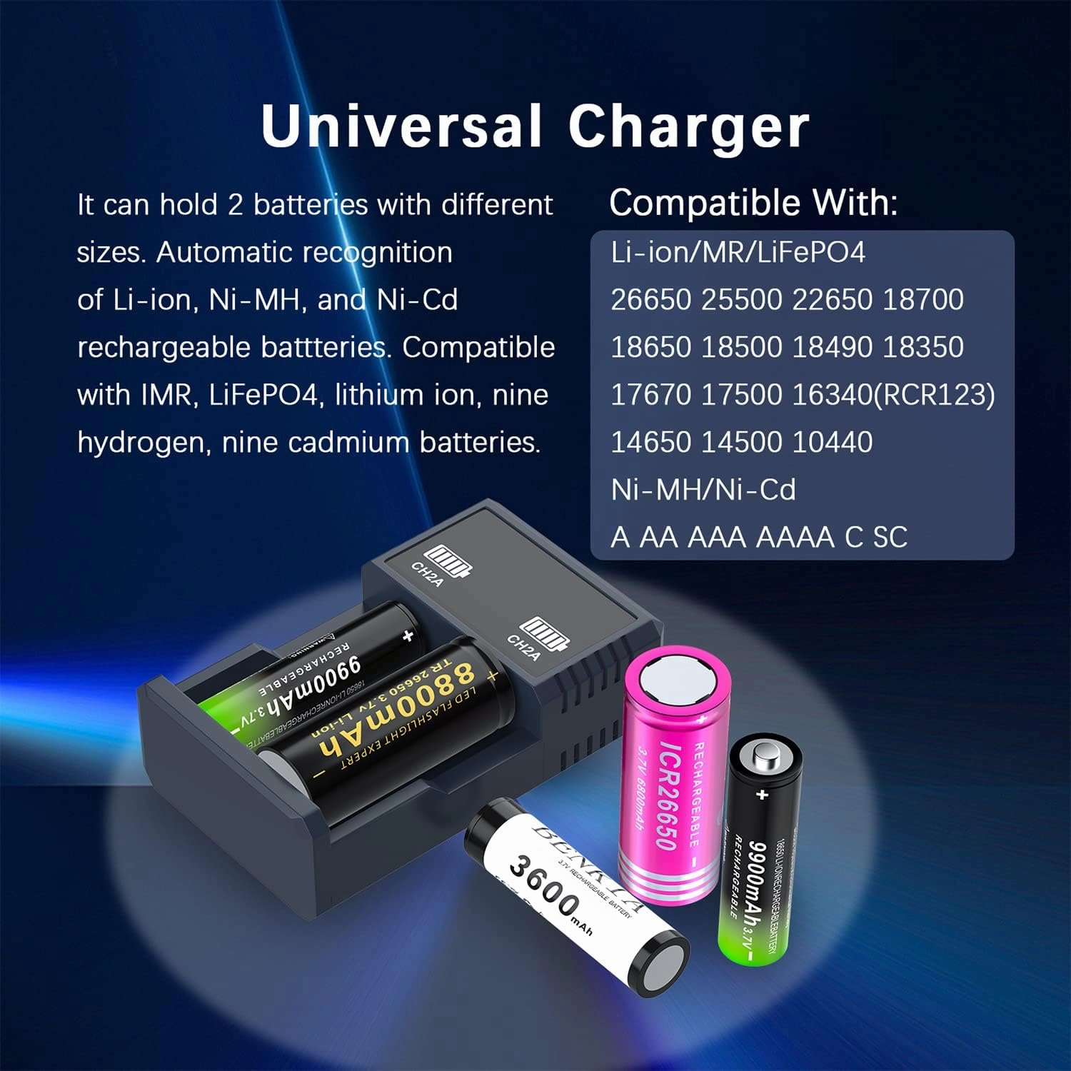 26650 Rechargeable Battery Set, Including 2pcs 3.7v 8800mAh Flat Top Batteries and 1 Charger for Flashlights Headlamps