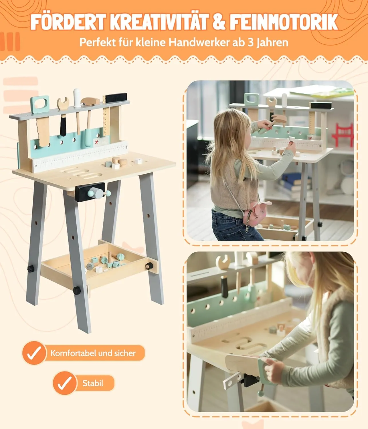 278 30 Children's Wooden Workbench with Tools and Accessories, Tool Bench, Colourful, Large