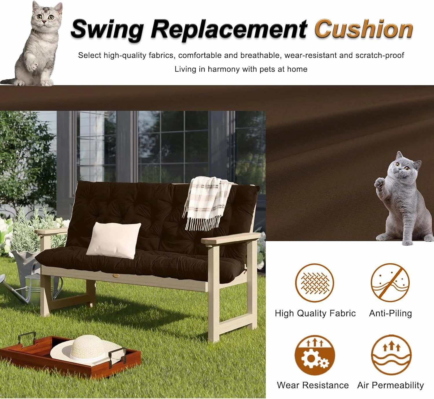 2-3 Seat Swing Replacement Cushion, Outdoor Bench Cushions with Backrest Thicken 4", Patio Furniture Garden Porch Loveseat Glider Pad Anti-Fading Waterproof (Brown, 40x60in)