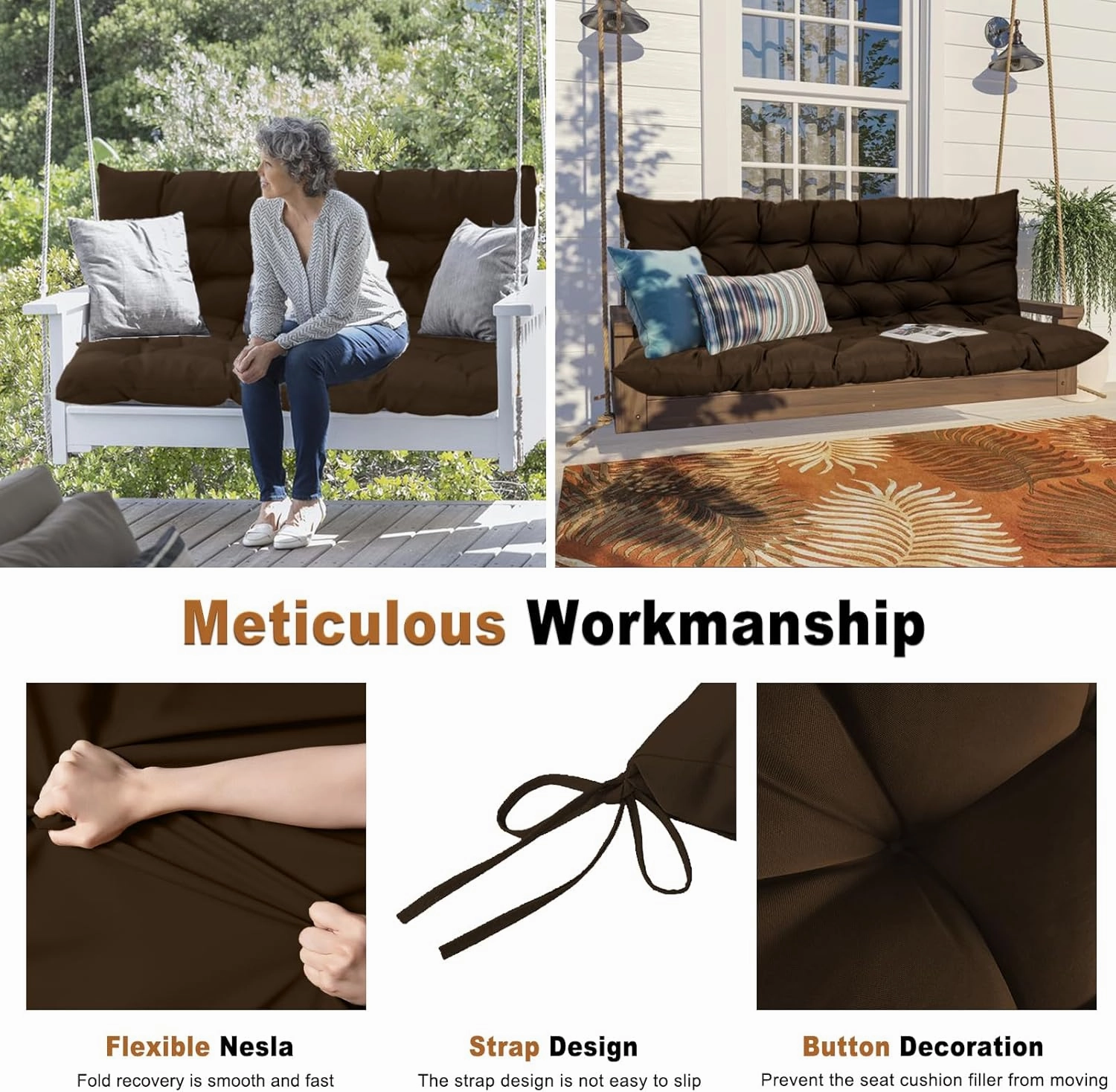 2-3 Seat Swing Replacement Cushion, Outdoor Bench Cushions with Backrest Thicken 4", Patio Furniture Garden Porch Loveseat Glider Pad Anti-Fading Waterproof (Brown, 40x60in)