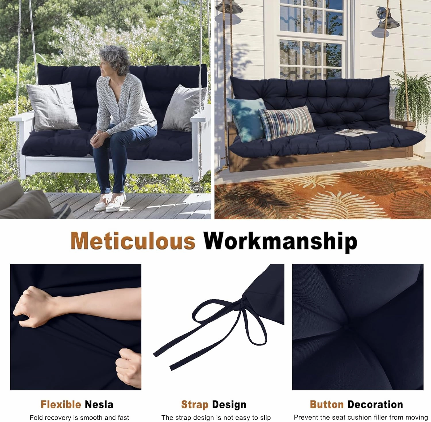 2-3 Seat Swing Replacement Cushion, Outdoor Bench Cushions with Backrest Thicken 4", Patio Furniture Garden Porch Loveseat Glider Pad Anti-Fading Waterproof (Navy Blue, 40x60in)